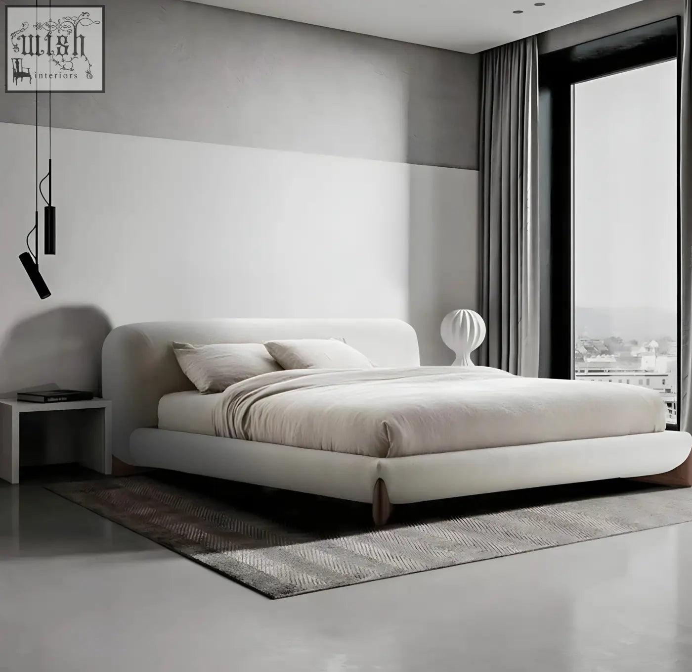 Modern white yukina bed with sculptural frame wrapped in white upholstery and wooden legs in sleek low-profile design