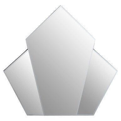 Yula art deco wall mirror with silver finish frame features three overlapping geometric panels in a sleek design