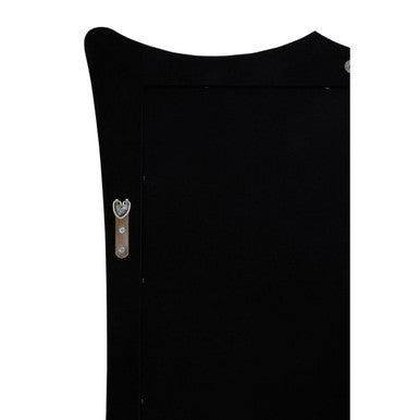 Black vinyl jacket with silver zipper pull shown next to yula curved rectangular wall mirror for stylish storage