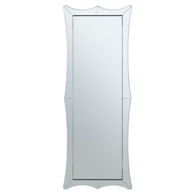 A tall slender yula curved rectangular wall mirror with a sleek silver frame and scalloped edges