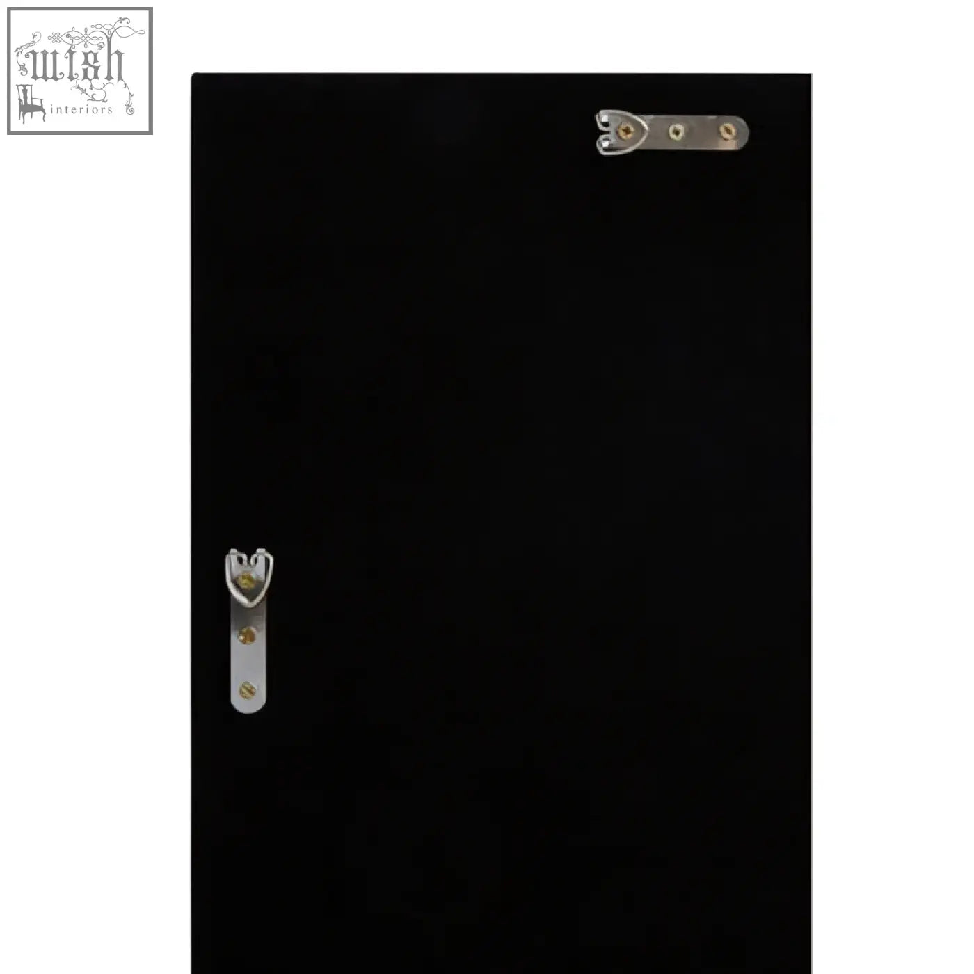 Black metal cabinet back with silver hinges and latch for yula pyramid wall mirror mounting and storage