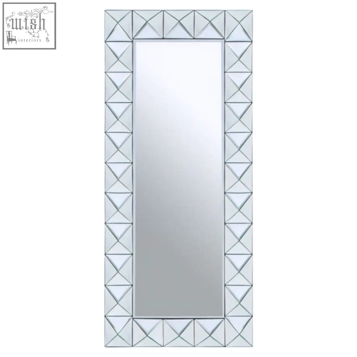 Silver-framed yula pyramid wall mirror with geometric interlocking triangle pattern on rectangular border