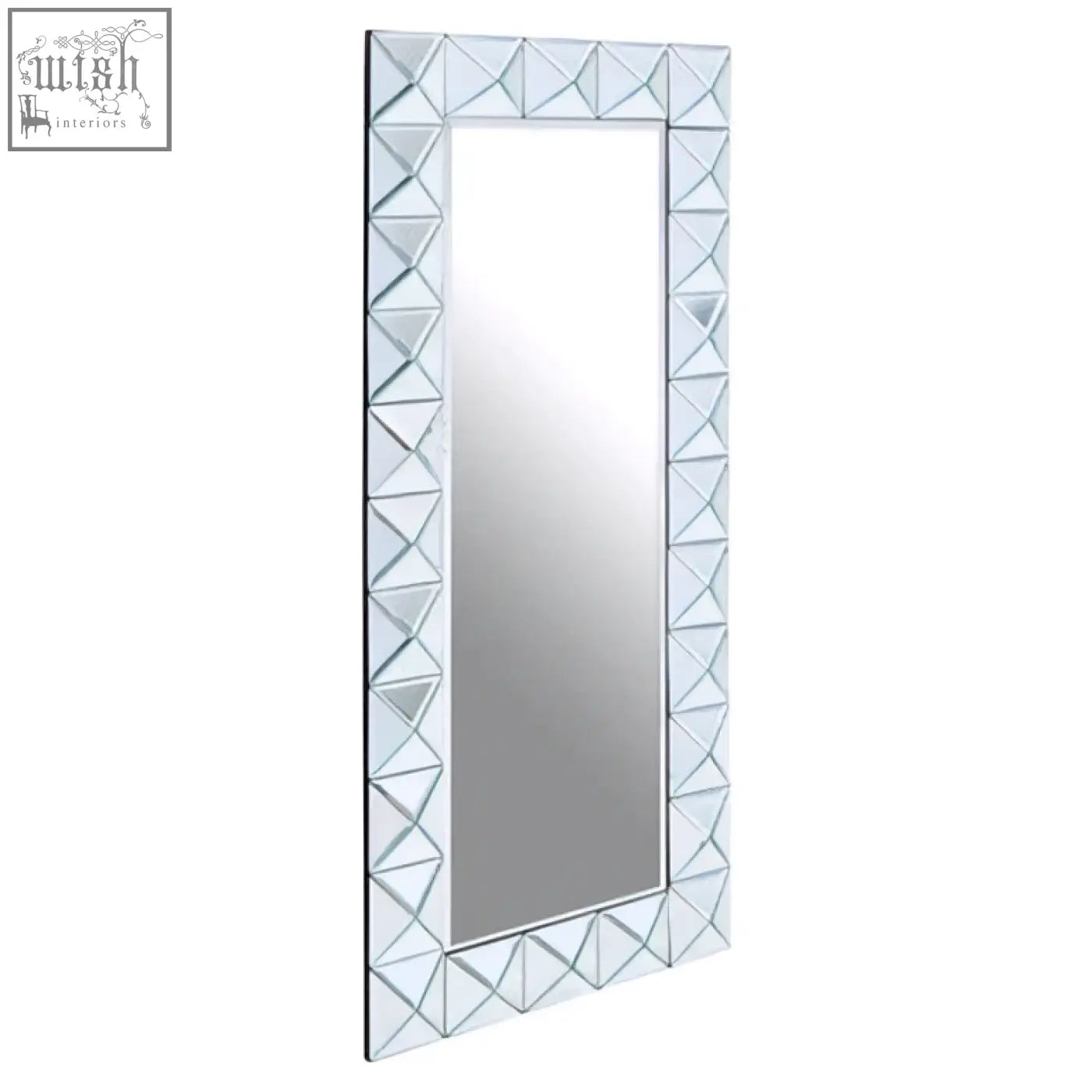 Silver-framed yula pyramid wall mirror with rectangular shape and geometric triangular mosaic design