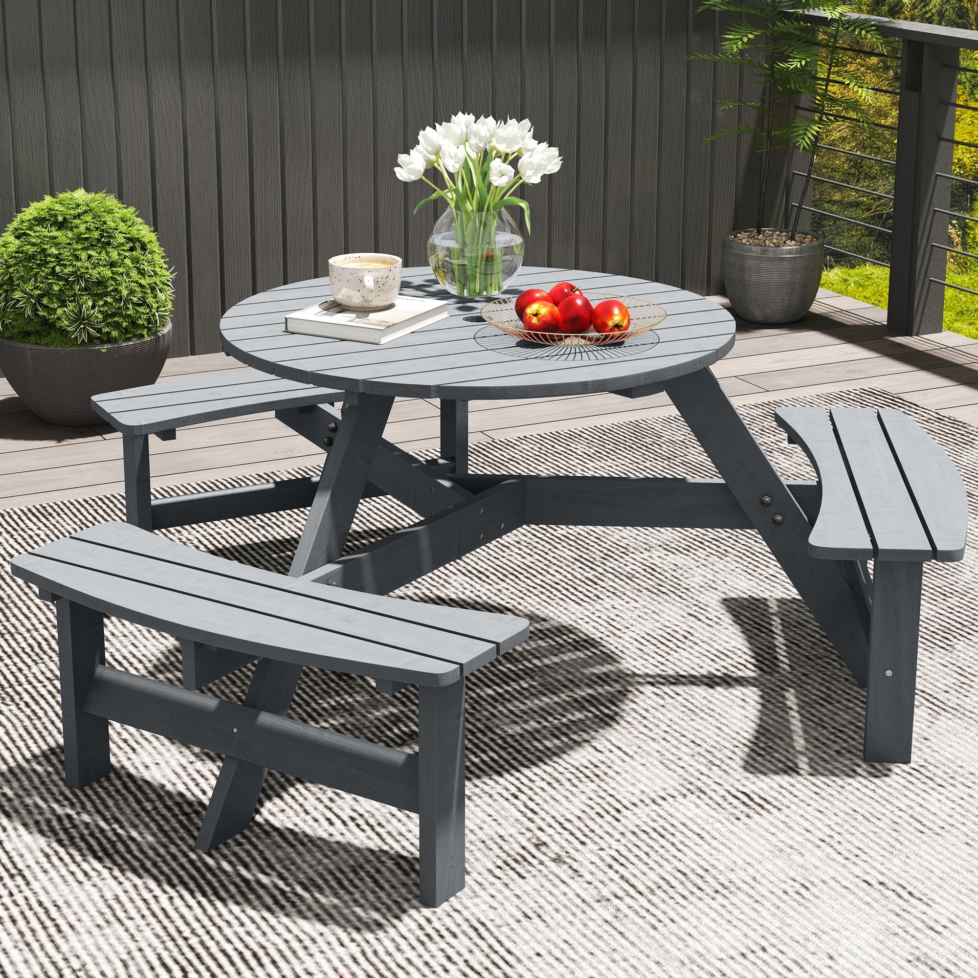 Outsunny 6 Seater Wooden Picnic Table and Garden Benches Set, Round Garden Dining Set with 3 Benches and Umbrella Hole Outdoor Garden Park, Grey