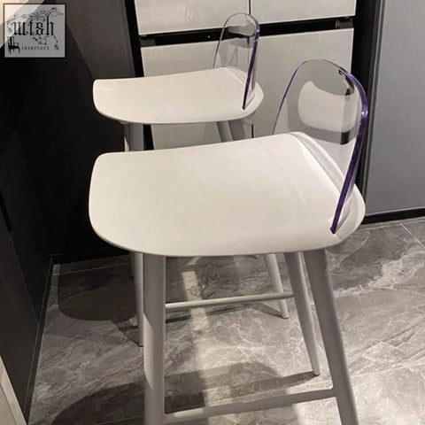 White yves nordic bar stool with transparent purple backrest and sleek wooden legs perfect for modern bars