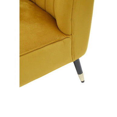 Golden-yellow yvette mustard velvet right hand chaise longue with tufted upholstery and black legs with silver caps