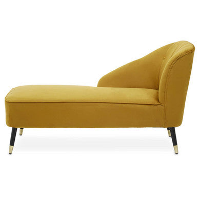 A sleek yvette mustard velvet right hand chaise longue with black legs and silver caps in velvet material