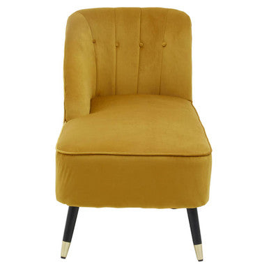 Yvette mustard velvet right hand chaise longue with tufted back and black legs capped in brass in mustard velvet