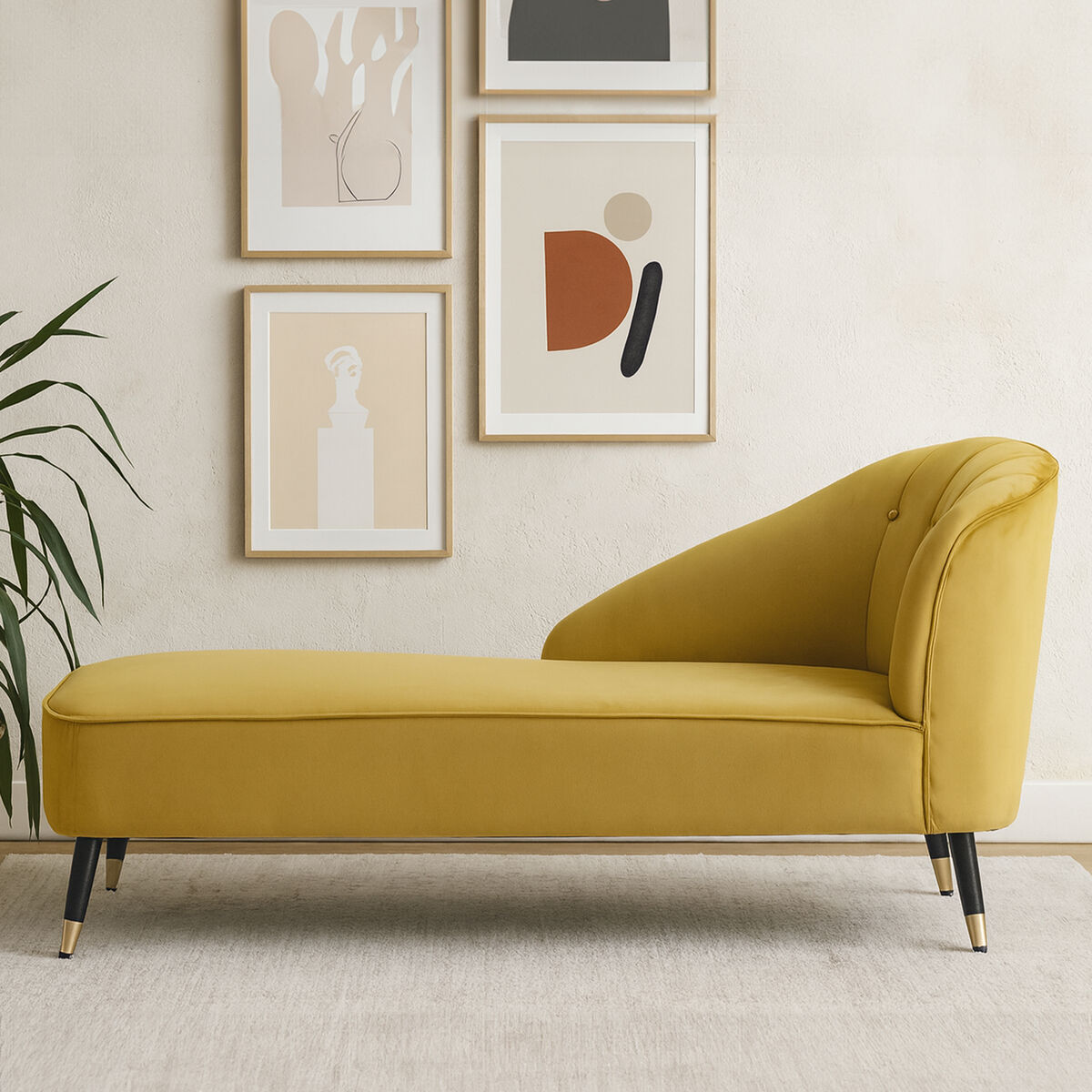 Yvette mustard velvet right hand chaise longue with black and gold tapered legs in mustard velvet upholstery