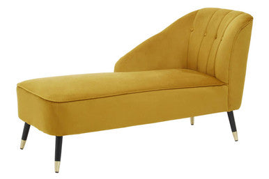 Mustard velvet yvette mustard velvet right hand chaise longue with black legs and gold tips in velvet upholstery