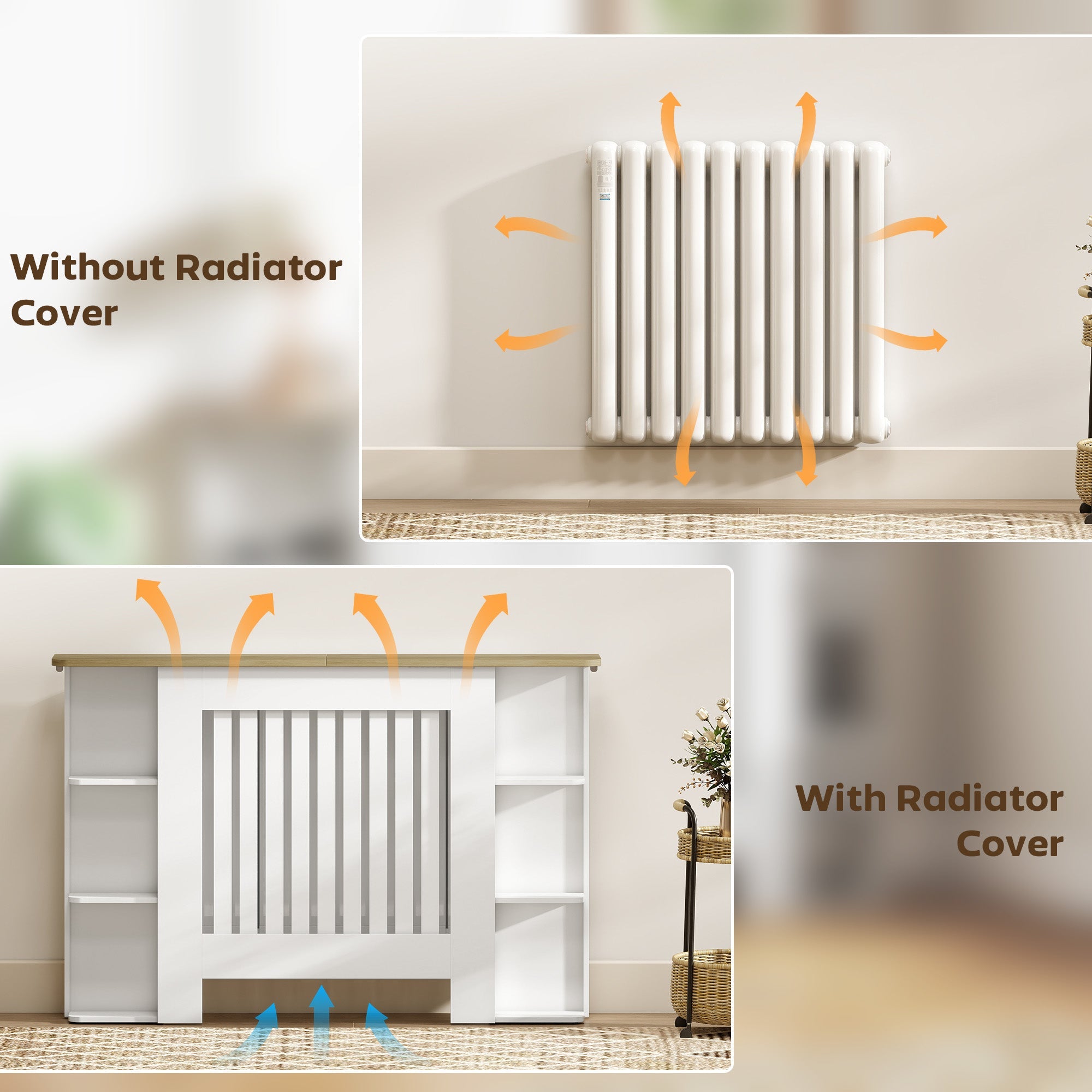 HOMCOM Radiator Cover with Open Storage Shelves, Vertical Slatted Cabinet Shelf Heater Cover for Living Room, Hallway, Medium, White