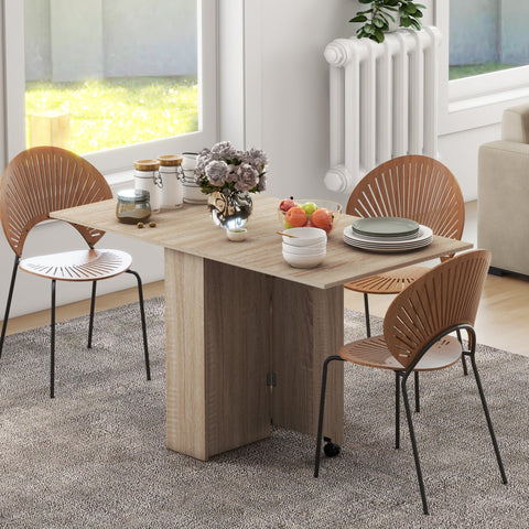 HOMCOM Folding Dining Table, Drop Leaf Table for Small Spaces with 2-tier Shelves, Small Kitchen Table with Rolling Casters, Natural