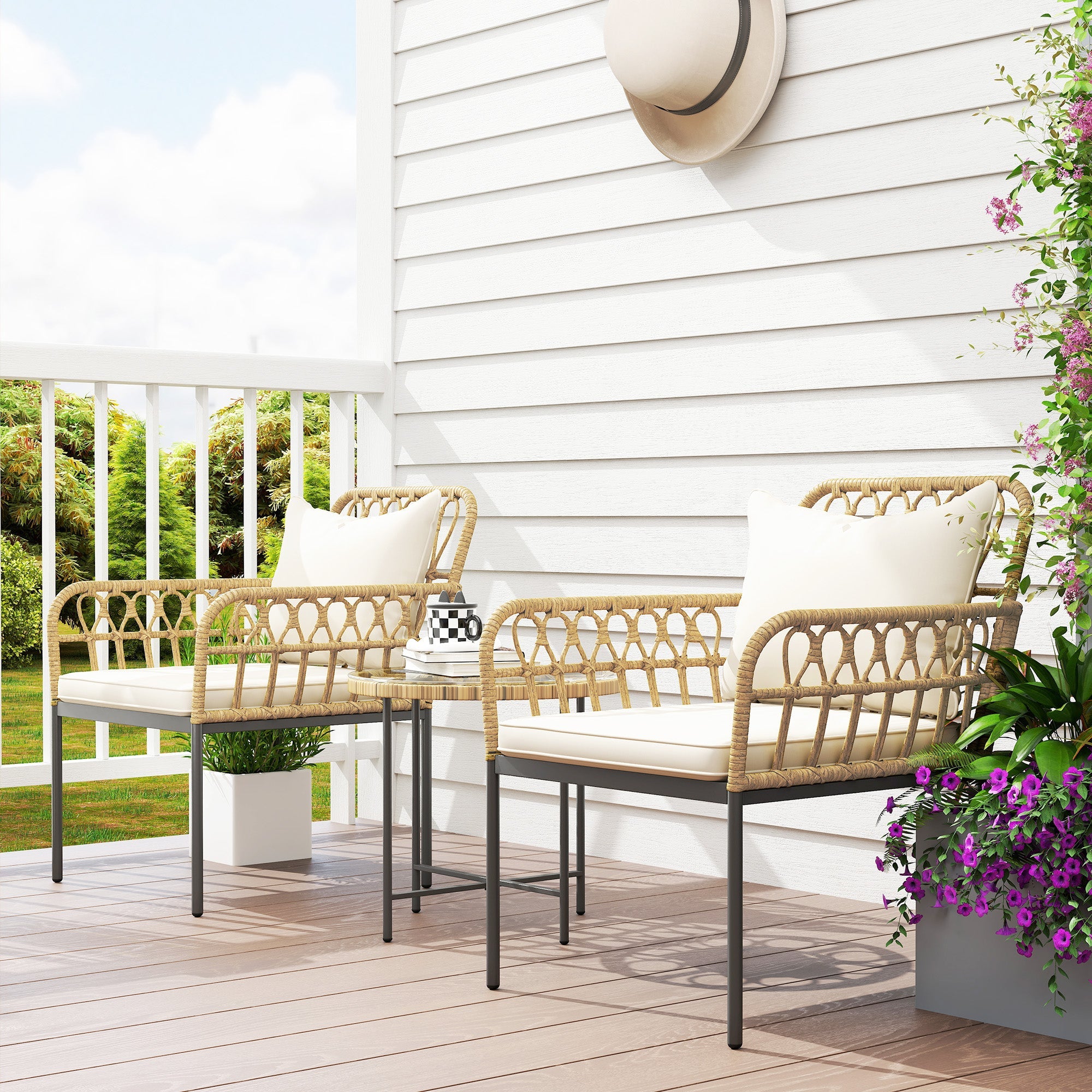 Outsunny 3 Piece Rattan Bistro Set, Wicker Garden Furniture Set with Cushions, Glass Top Coffee Table and Chairs for Outdoor, Patio, Balcony, Beige