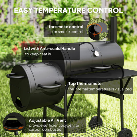 Outsunny Barbecue Grill Portable Outdoor Charcoal BBQ Grill with Offset Smoker 109 x 60 x 120 cm Black