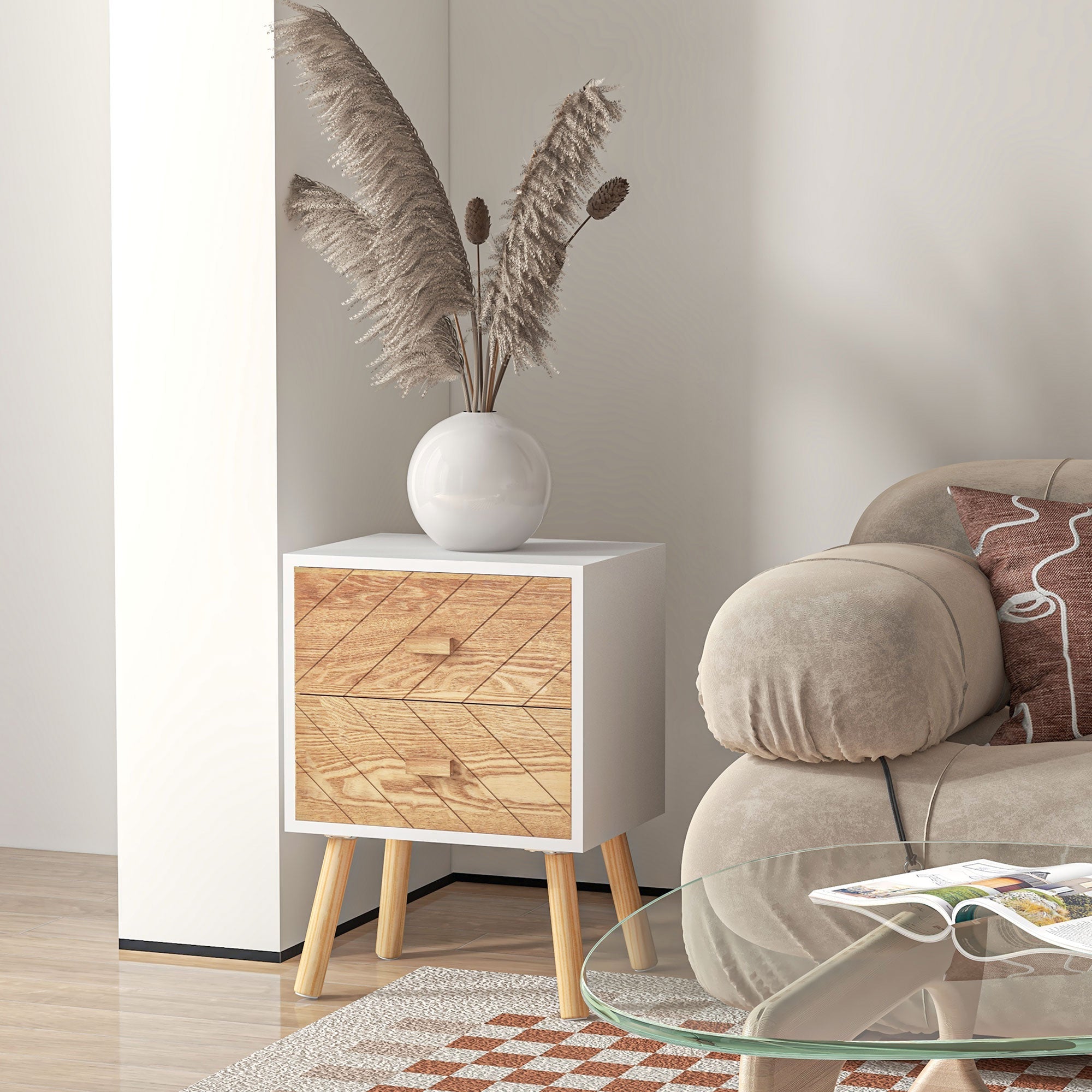 HOMCOM Bedside Table Set of 2, Modern Bedside Cabinets with Drawer and Pine Wood Legs, Nightstand for Bedroom, White and Natural