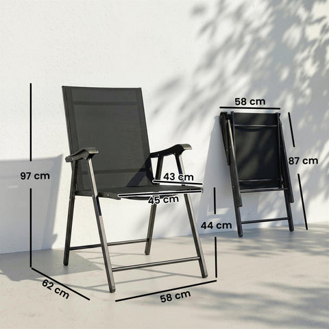 Outsunny Folding Garden Chairs Set of 2, Foldable Garden Dining Chairs with High Back, Armrests, Texteline Seat, Black