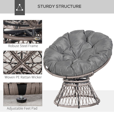 Outsunny 360\'c2\'b0 Swivel Rattan Papasan Moon Bowl Chair Round Lounge Garden Wicker Basket Seat with Padded Cushion Oversized for Outdoor Indoor, Grey