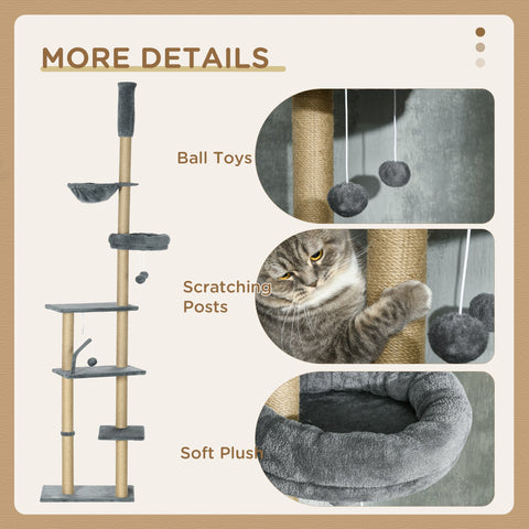 PawHut Floor to Ceiling Cat Tree for Indoor Cats, 6-Tier Play Tower Climbing Activity Center with Scratching Post, Platforms, Bed, Hammock, Adjustable Height 230-250cm, Grey