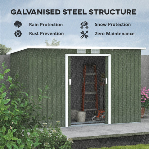 Outsunny 9ft x 4ft Metal Garden Shed, Outdoor Tool House with Foundation Kit, Ventilations and Double Doors, Light Green