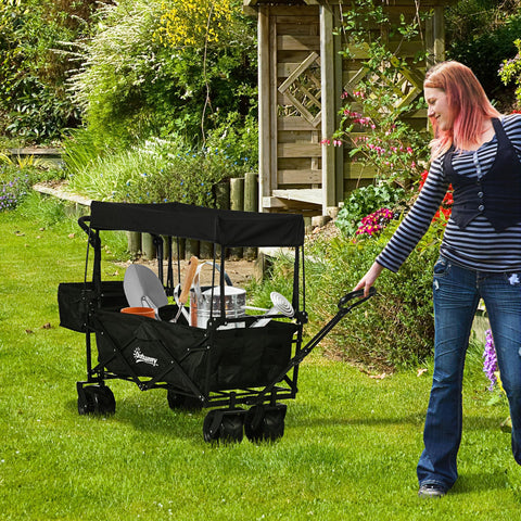 Outsunny Folding Trolley Cart Storage Wagon Beach Trailer 4 Wheels with Handle Overhead Canopy Cart Push Pull for Camping, Black