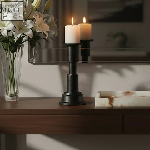 Black metal zac small candle holder with matte finish and cylindrical tiers holding two white small candles