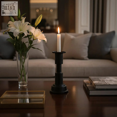 Black metal small candle holder with tiered design holding a lit white taper small candle Zac Small Candle Holder