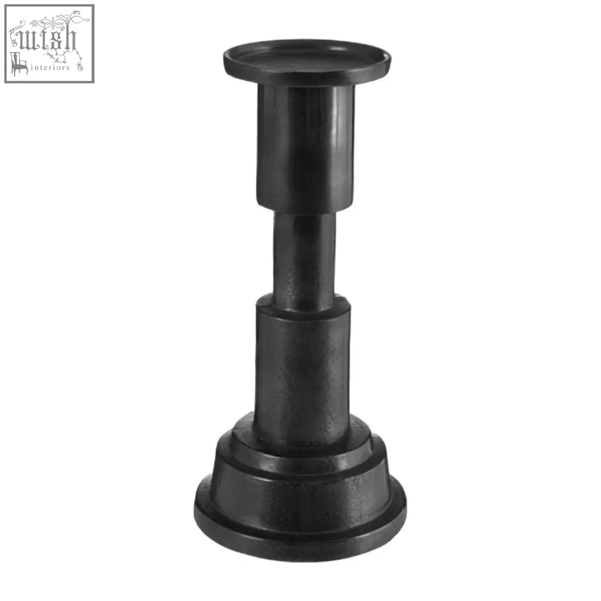 Black metal zac small candle holder with tiered cylindrical sections and flat top for small candle display