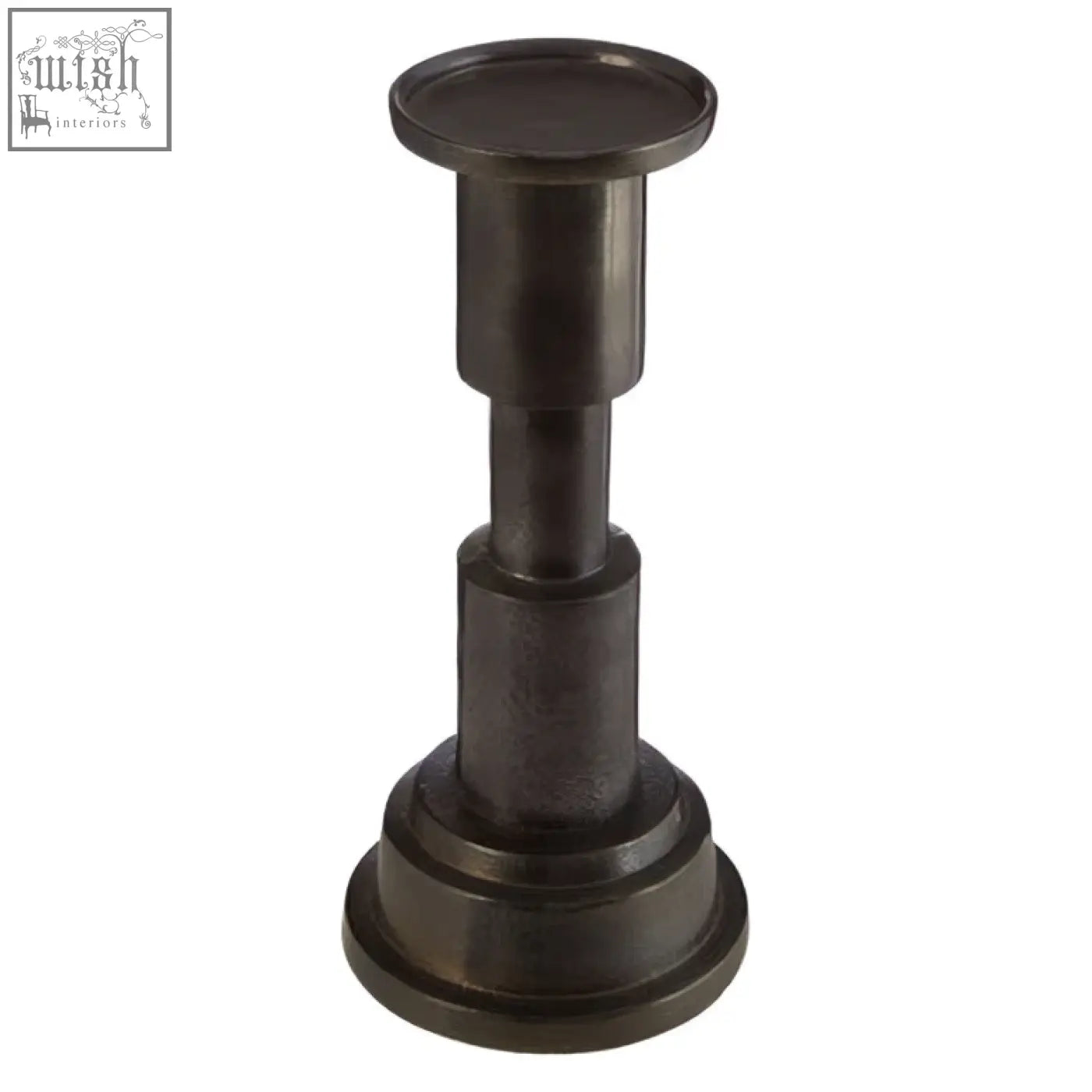Dark bronze small candle holder made of metal with a tiered cylindrical design perfect for small candles