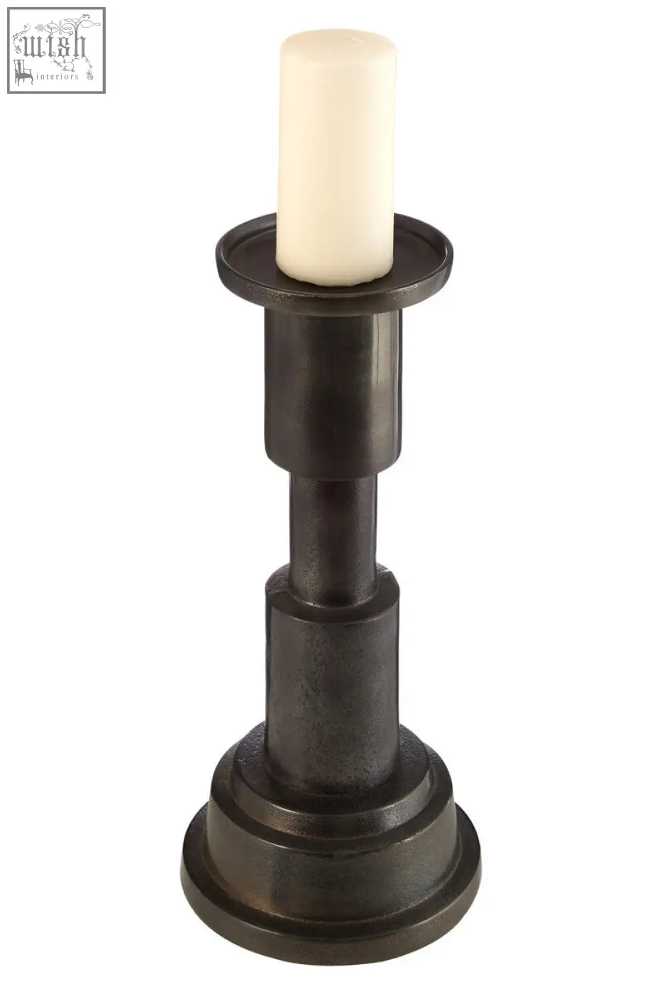 Dark bronze zac small candle holder with a cream-colored small candle on its circular top