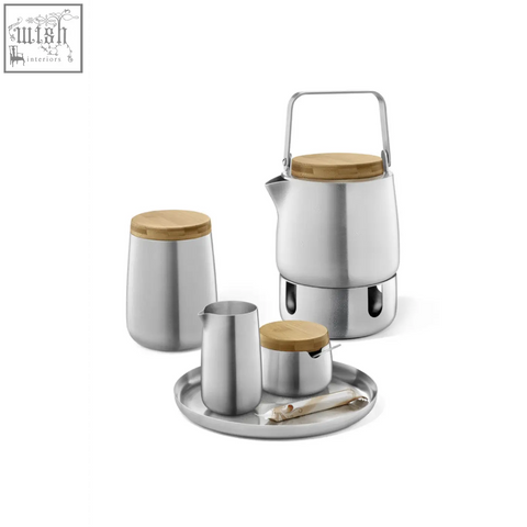 Stainless steel bevo teapot with bamboo lids and handle from zack bevo premium brushed collection in silver finish