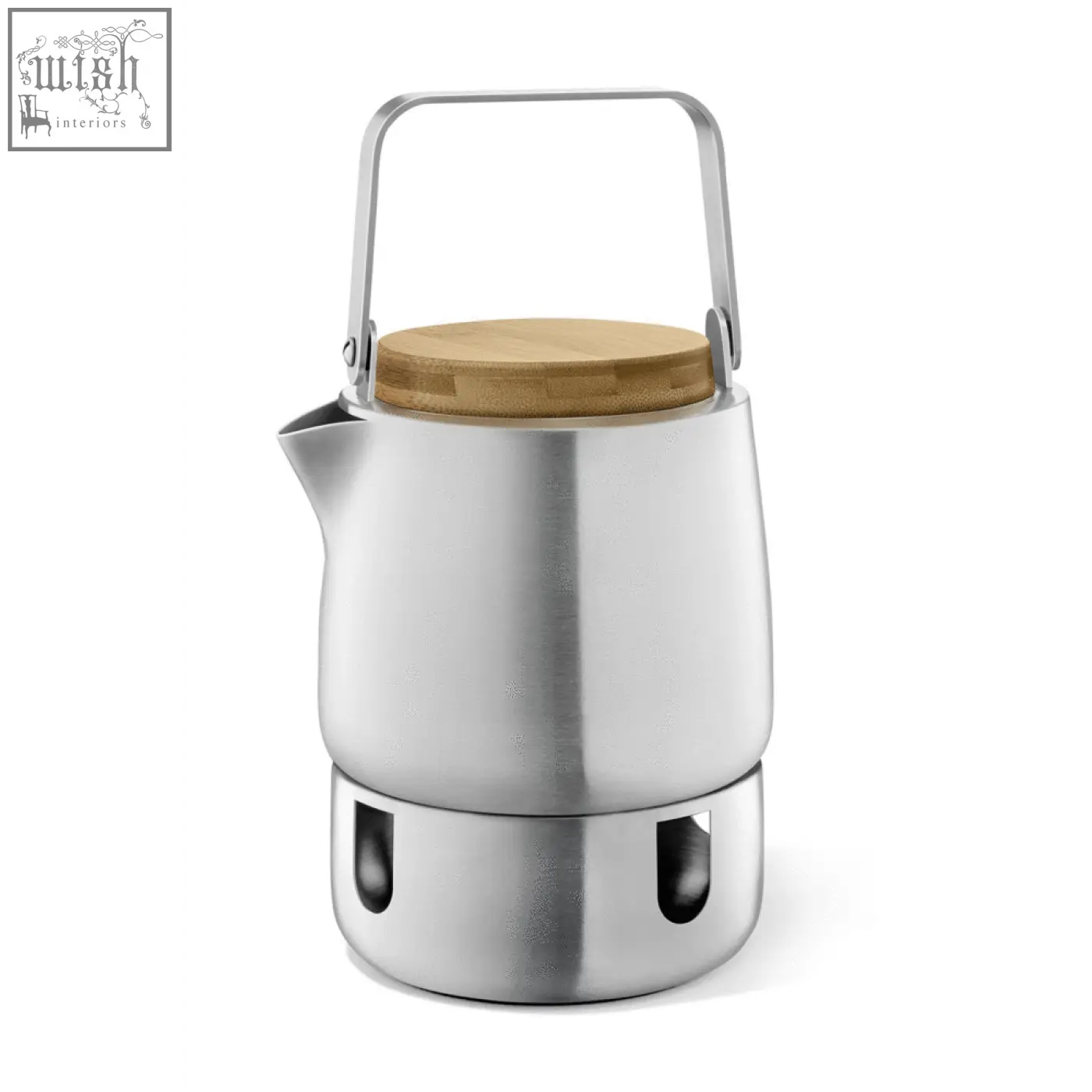Stainless steel bevo teapot with bamboo lid and handle featuring sleek modern design by zack bevo