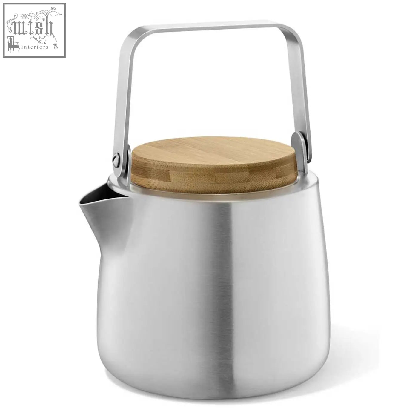 Stainless steel bevo teapot with a bamboo lid and handle in brushed design by zack bevo perfect for tea lovers