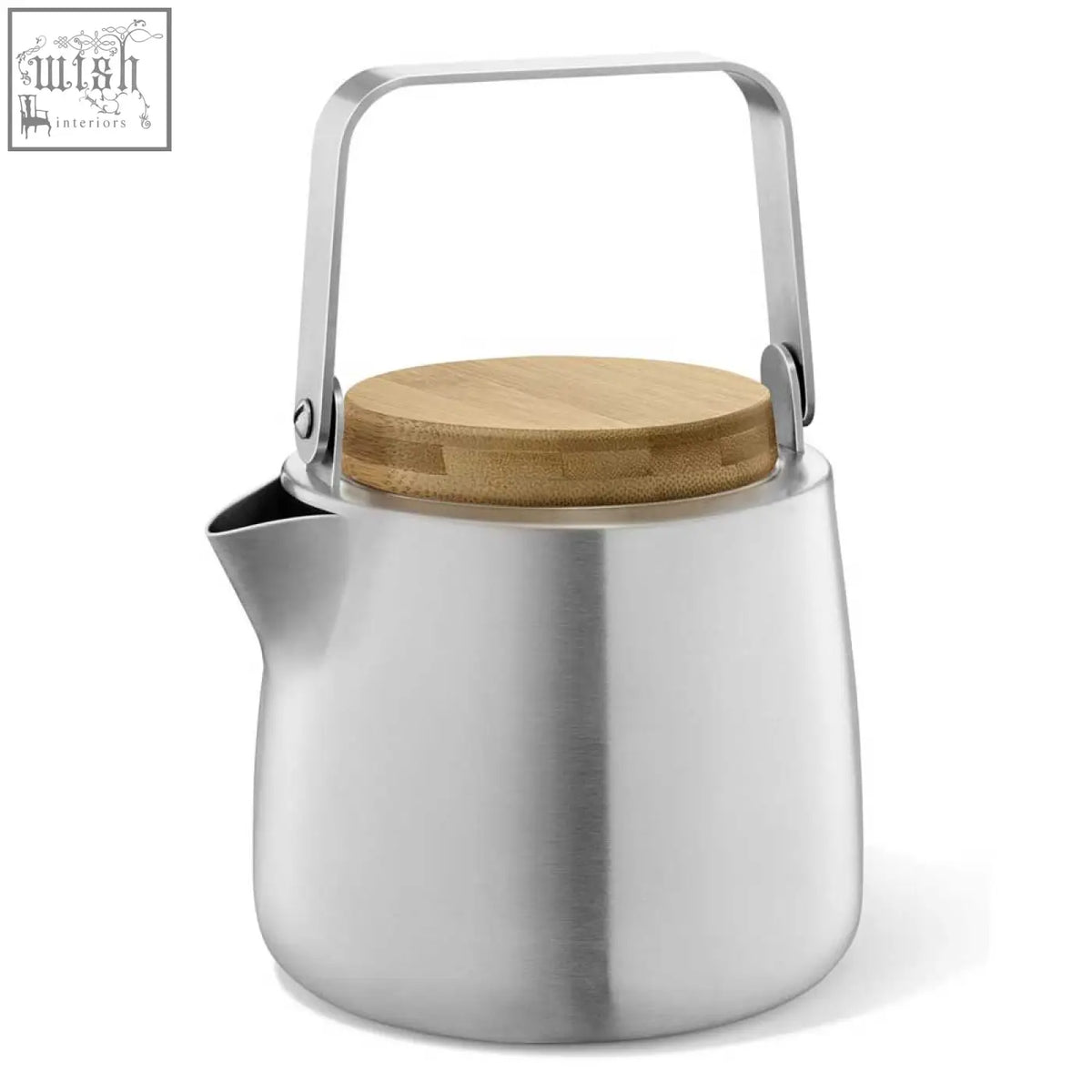 Stainless steel bevo teapot with a bamboo lid and handle in brushed design by zack bevo perfect for tea lovers