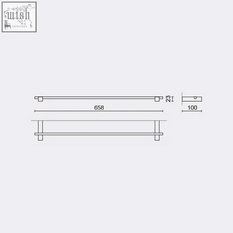 Minimalist two-tiered carvo towel rail in powder coated black stainless steel with clean lines and precise 66 cm dimensions