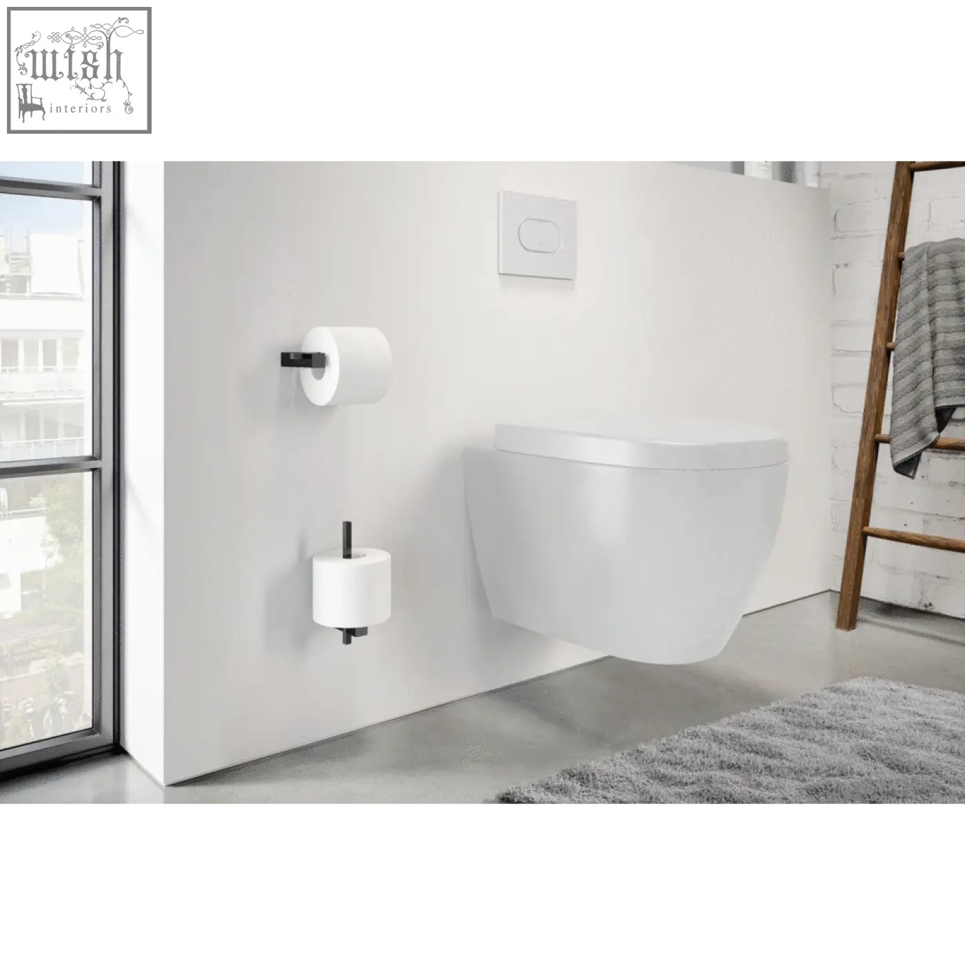 White wall-mounted toilet with sleek design paired with zack carvo powder coated black stainless steel spare toilet roll holder