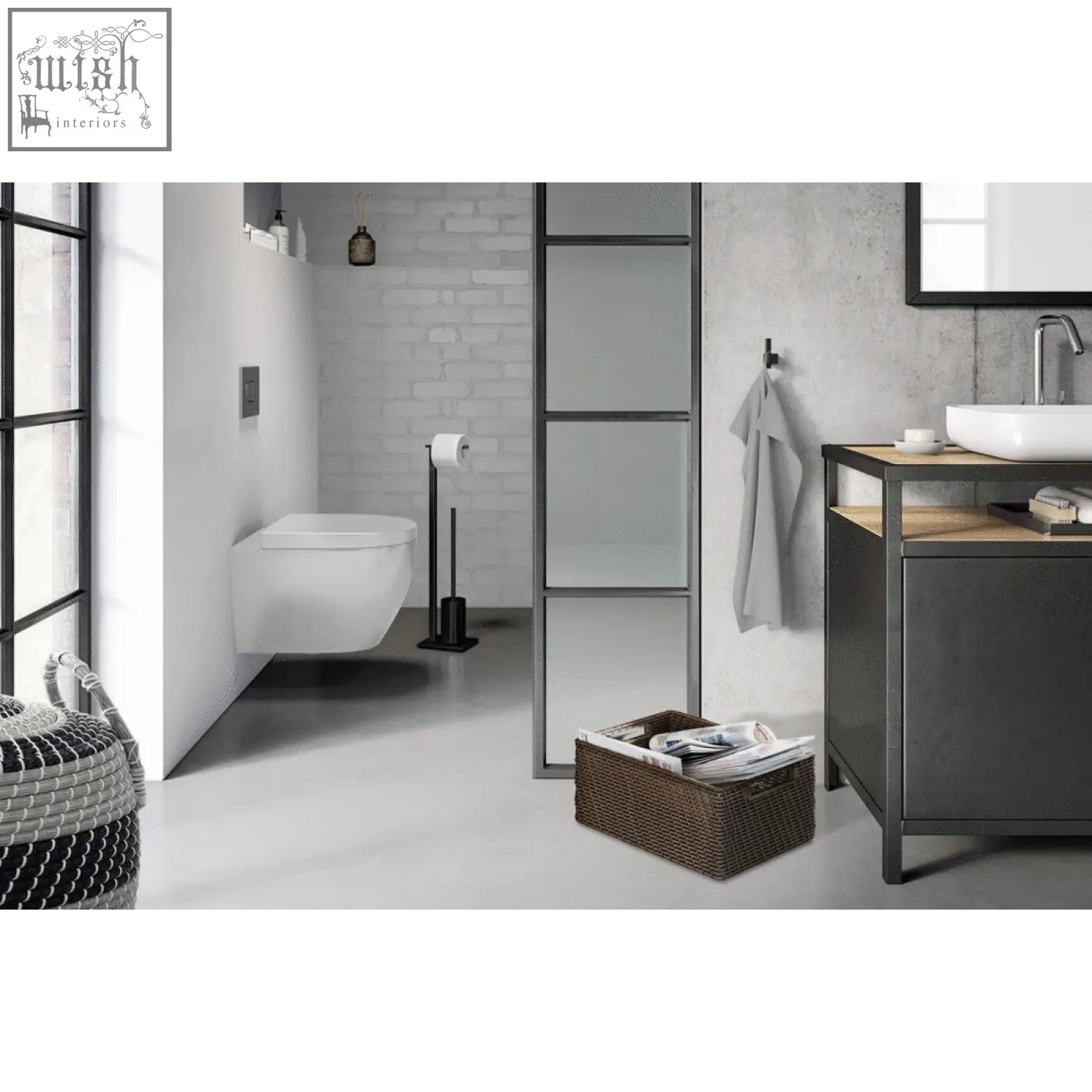 Modern white wall-mounted carvo toilet paired with black powder coated stainless steel zack carvo toilet butler