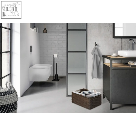 Modern white wall-mounted carvo toilet paired with black powder coated stainless steel zack carvo toilet butler