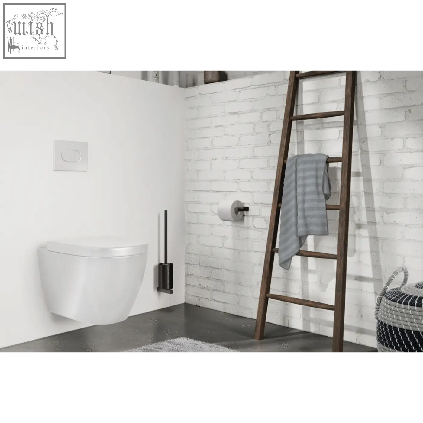 White wall-mounted toilet next to zack carvo powder coated black stainless steel toilet brush for easy cleaning