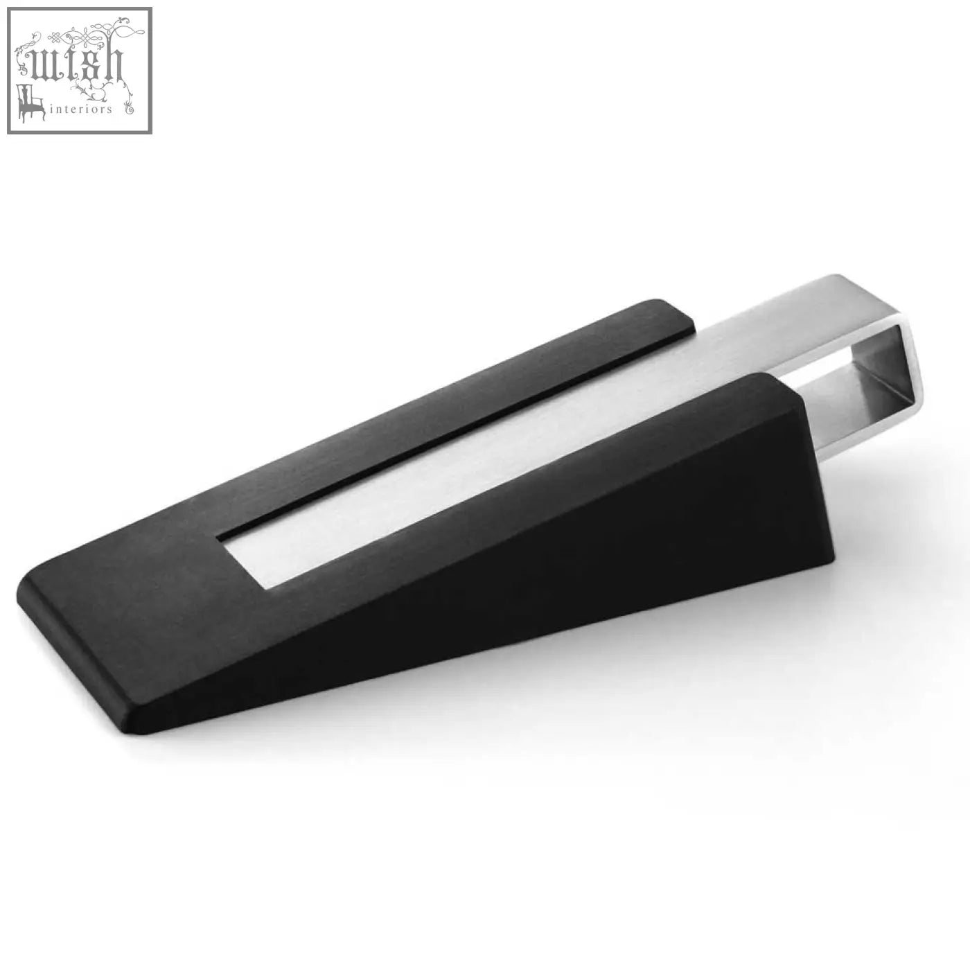 Black rubber door wedge with sleek brushed stainless steel handle from Zack Casa perfect for casa door use