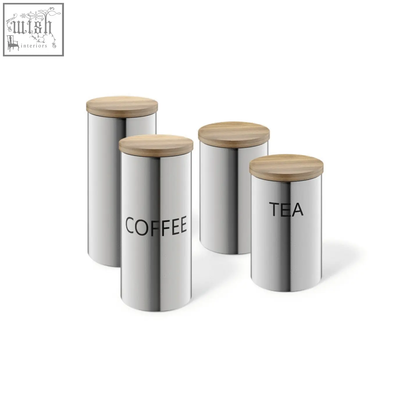 Set of four zack cera stainless steel storage canisters with natural wood lids labeled for coffee and tea