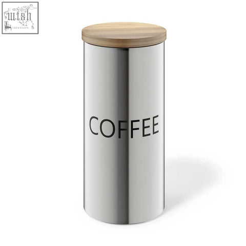 Zack Cera brushed stainless steel coffee canister with light wood lid airtight freshness guardian