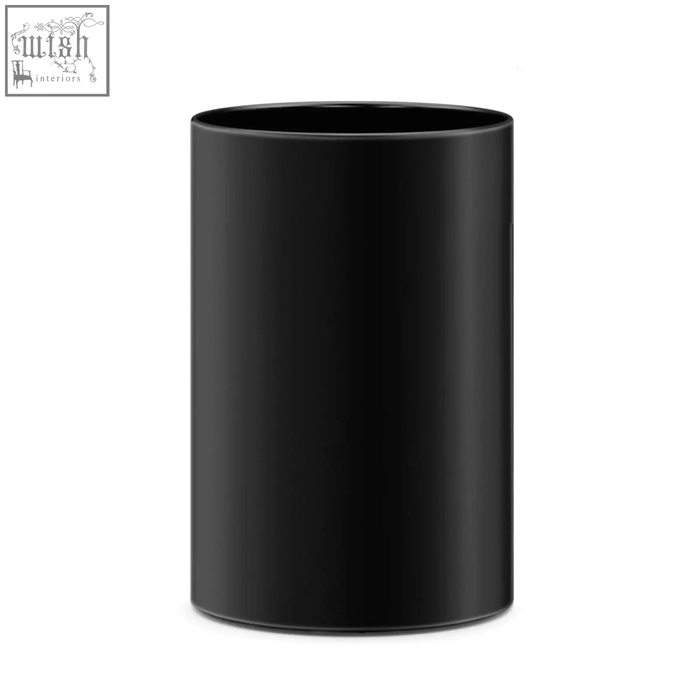 Black cylindrical mug with smooth glossy finish next to zack civos black stainless steel round waste paper basket