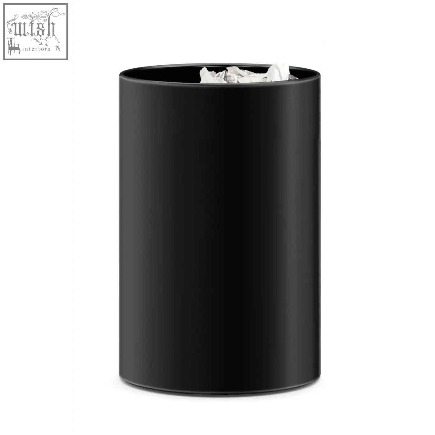 Black stainless steel round 37.5 cm waste paper basket with matte finish and crumpled paper inside