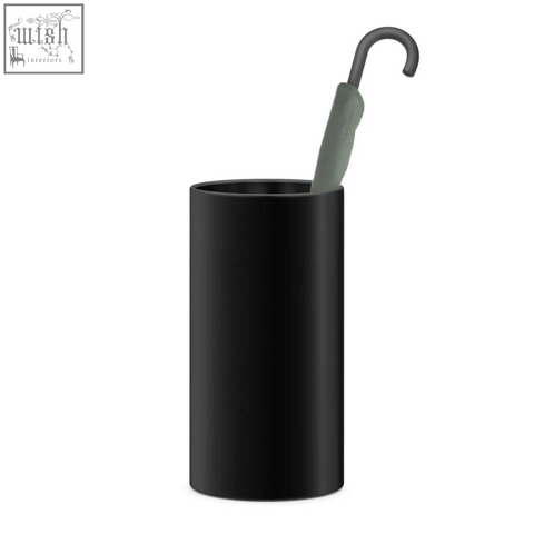 Black stainless steel civos umbrella stand holding a grey handled umbrella for stylish storage and organization