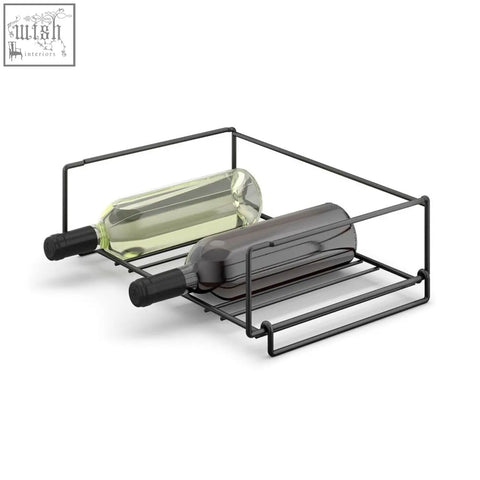 Black metal wire cubeto bottle rack holding two bottles made of powder coated stainless steel for wine storage