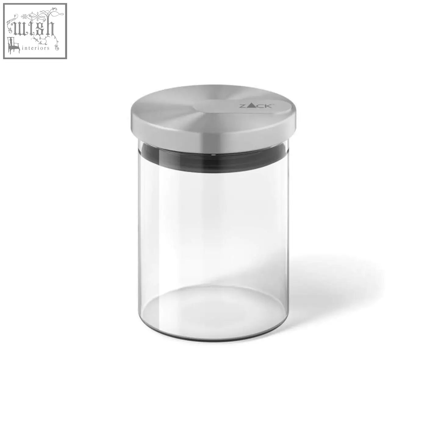 Clear glass storage jar with sleek silver stainless steel lid featuring the zack cundo brand logo