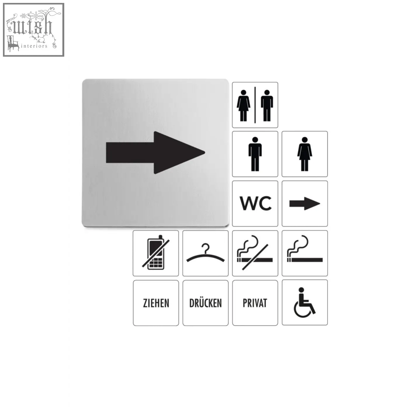 Silver rectangular zack indici premium arrow directional sign with matt brushed stainless steel and black arrow symbol
