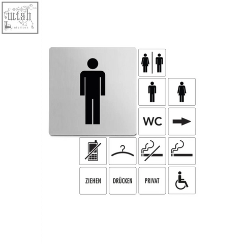 Silver rectangular matt brushed stainless steel men’s information sign with black male silhouette for restroom use