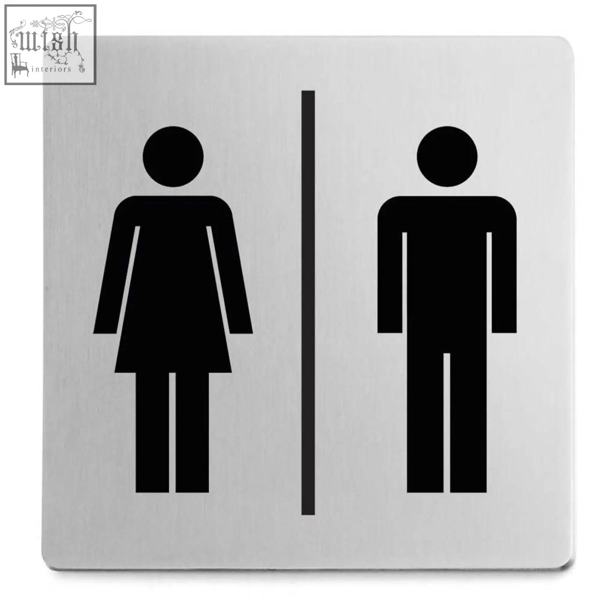Silver metallic indici information sign with black silhouette icons for unisex restroom in brushed steel finish