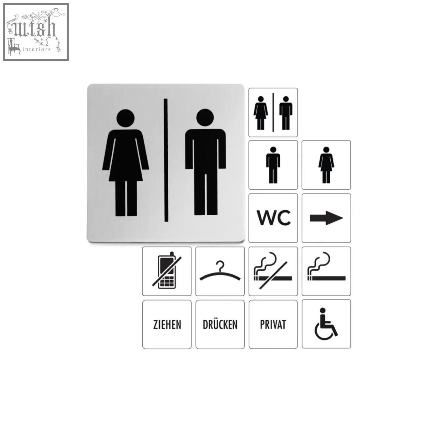 Silver brushed steel indici information sign with black unisex restroom icons for contemporary wayfinding use